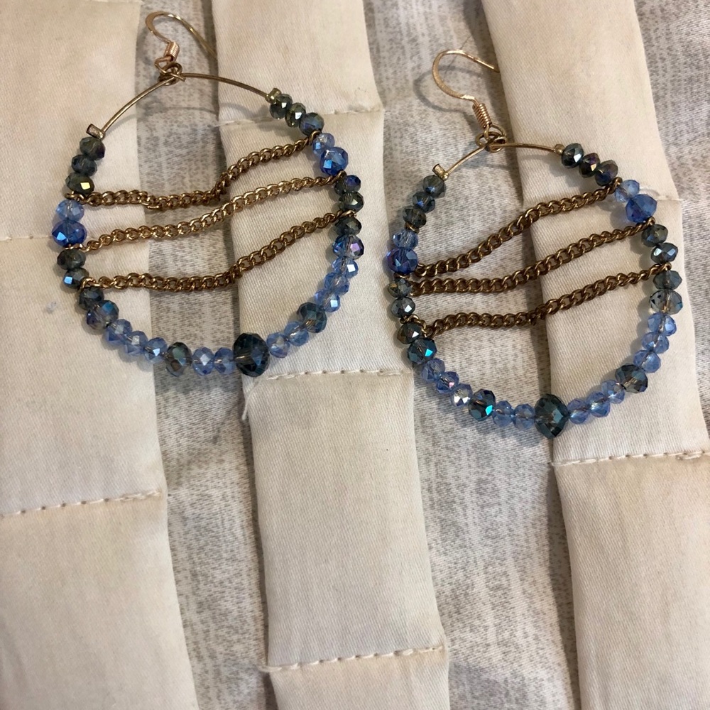 Blue Crystal & Gold-Tone Hoop Earrings (NWOT)